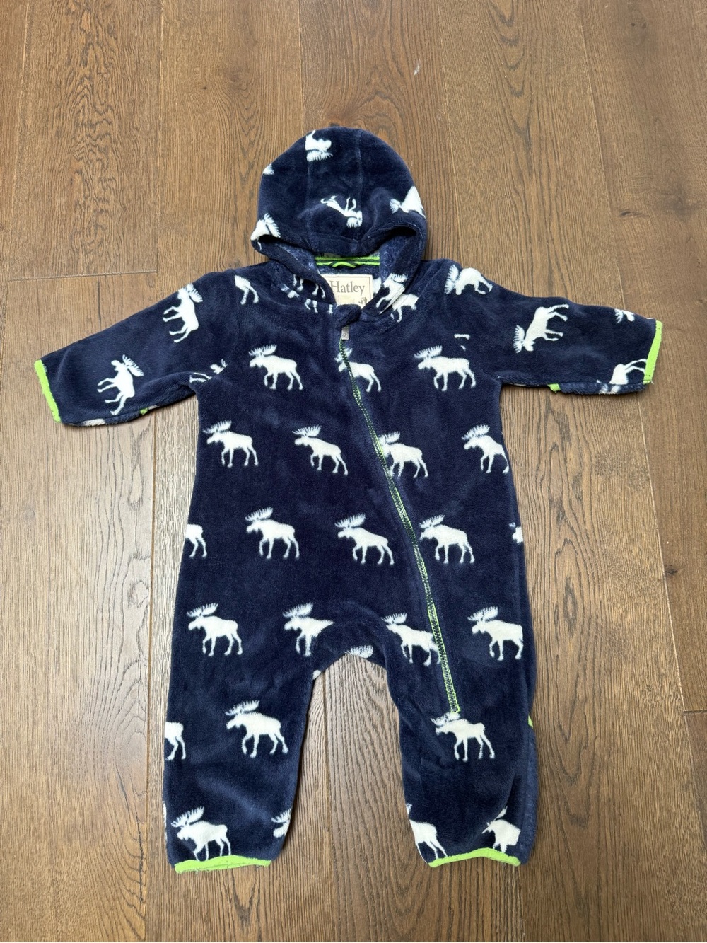 Hatley Navy Fleece Moose Print Hooded One-Piece with Lime Trim